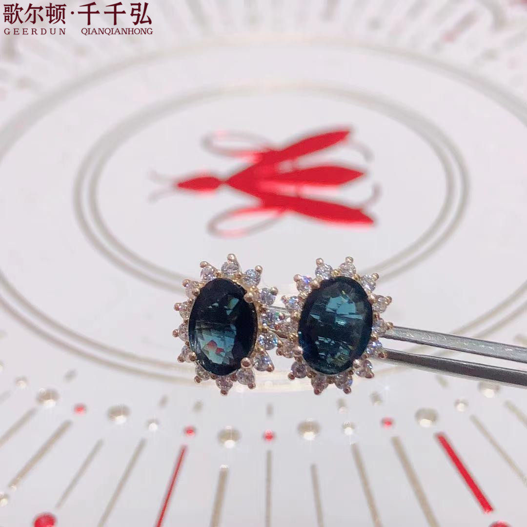 18K黄金镶嵌蓝宝石珠宝耳环女经典戴妃款专柜现货明星同款现货