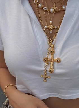 美式百搭不掉色浮雕十字架项链