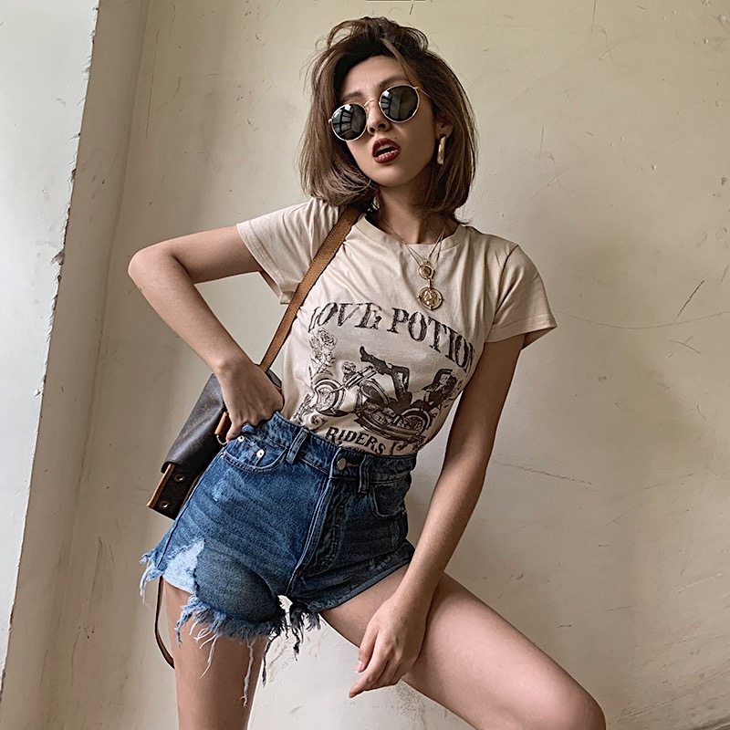 nayb 2021夏季欧美舒适裸色复古摩托车美女印花宽松短袖t恤