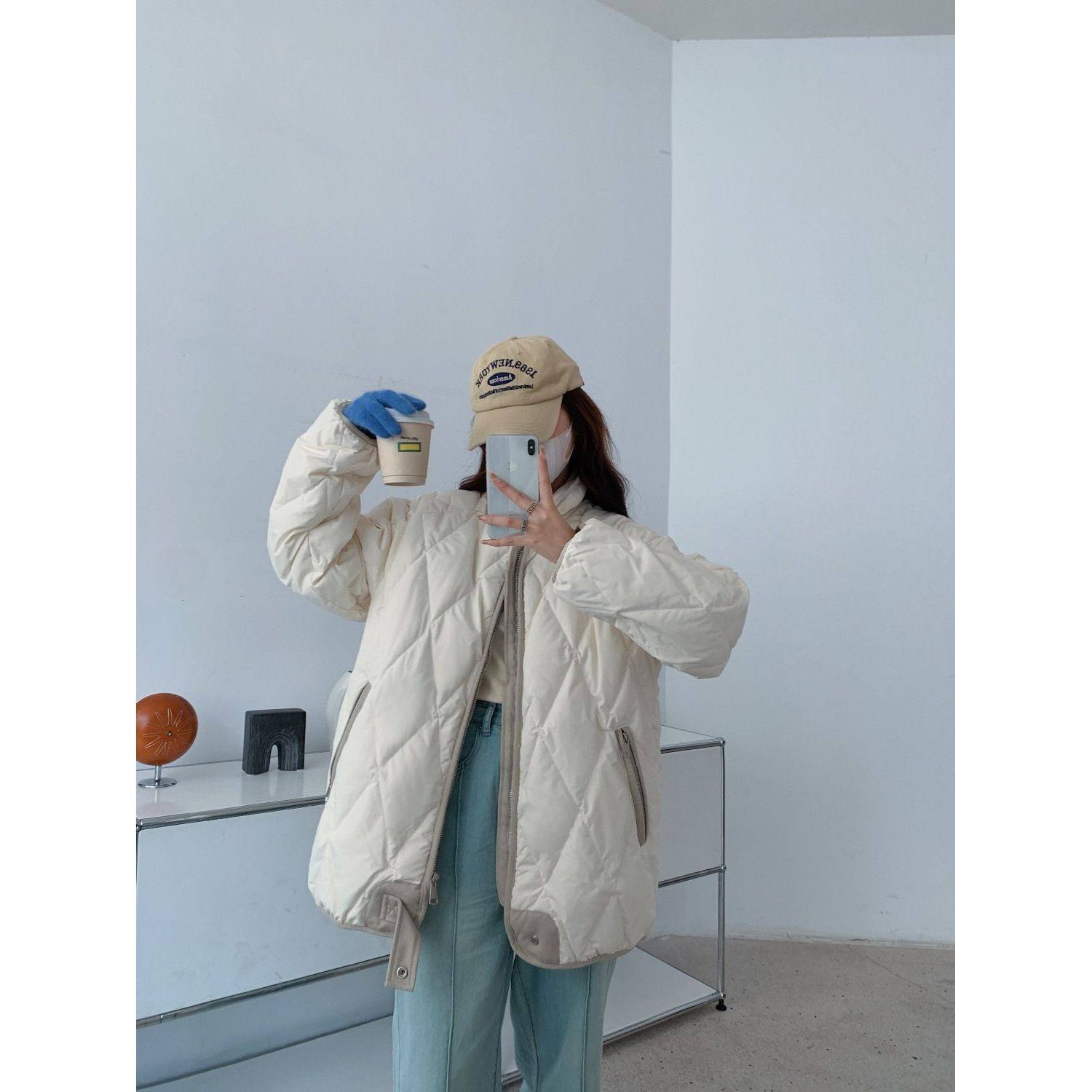 风衣领立领菱形格羽绒棉衣女2024年冬季外套宽松小个子学院风薄款