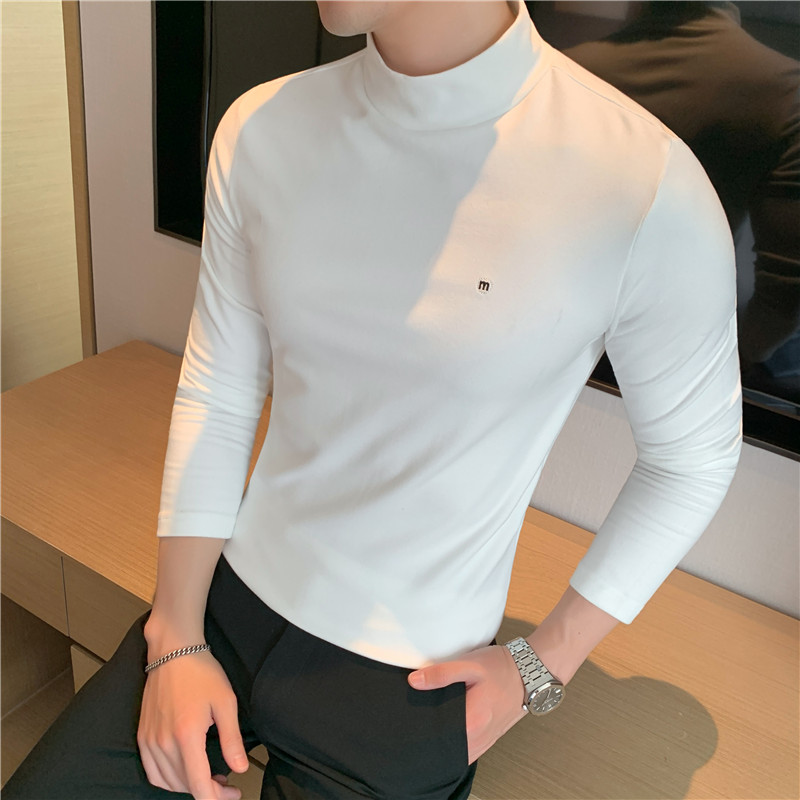 德绒半高领打底衫男士修身2022秋冬新款高级感小刺绣休闲长袖t恤