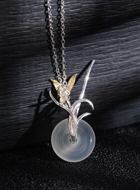 素十八s925银原创设计新中式时尚玉髓平安扣兰花吊坠项链首饰品