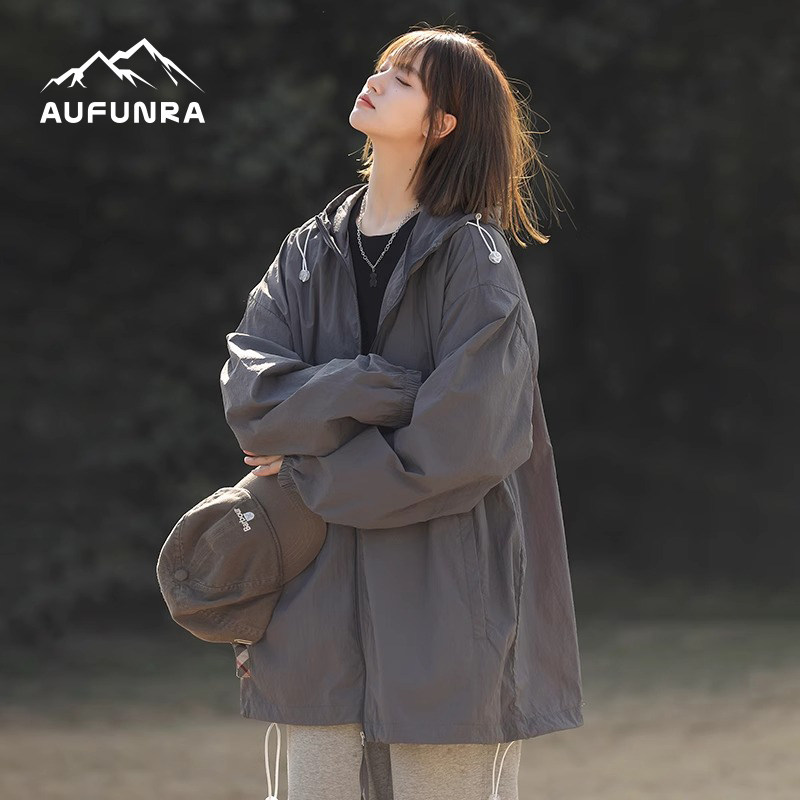 AUFUNRA防晒衣女潮流山系bf户外透气百搭防晒服连帽轻薄宽松上衣
