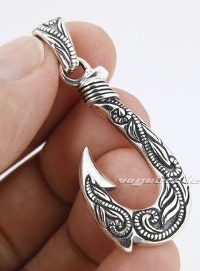 复古时尚男款纯银吊坠 朋克风潮骑士个性鱼钩形图腾吊坠男925银饰