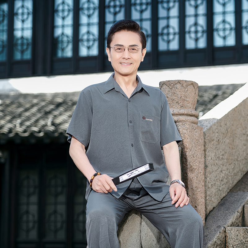 中老年男士短袖冰丝衬衫套装