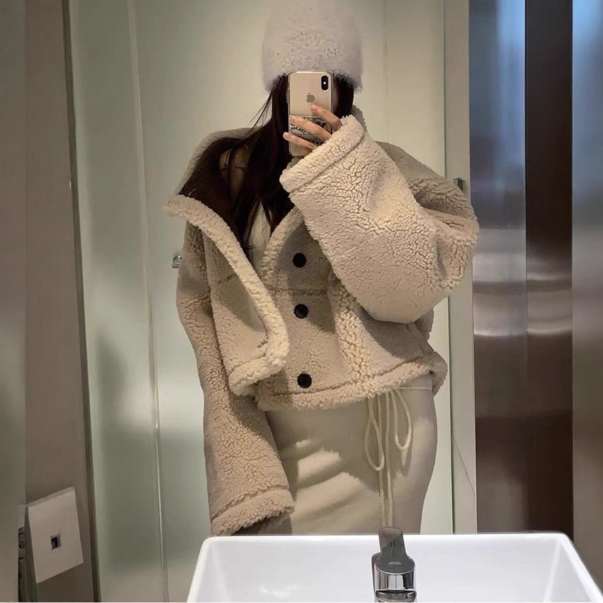 韩国chic冬季复古百搭两面穿仿鹿皮绒宽松百搭小个子羊羔毛外套女