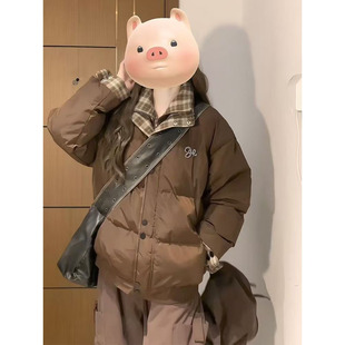 冬季新款格纹拼接假两件棕色棉服女美式复古百搭宽松学生保暖外套