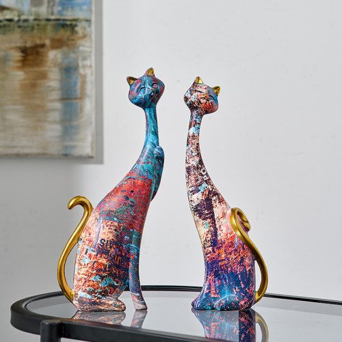 中古风艺术油画对猫摆件高级感