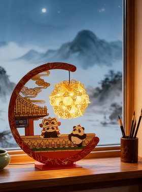 中式熊猫灯笼装饰摆件客厅卧室