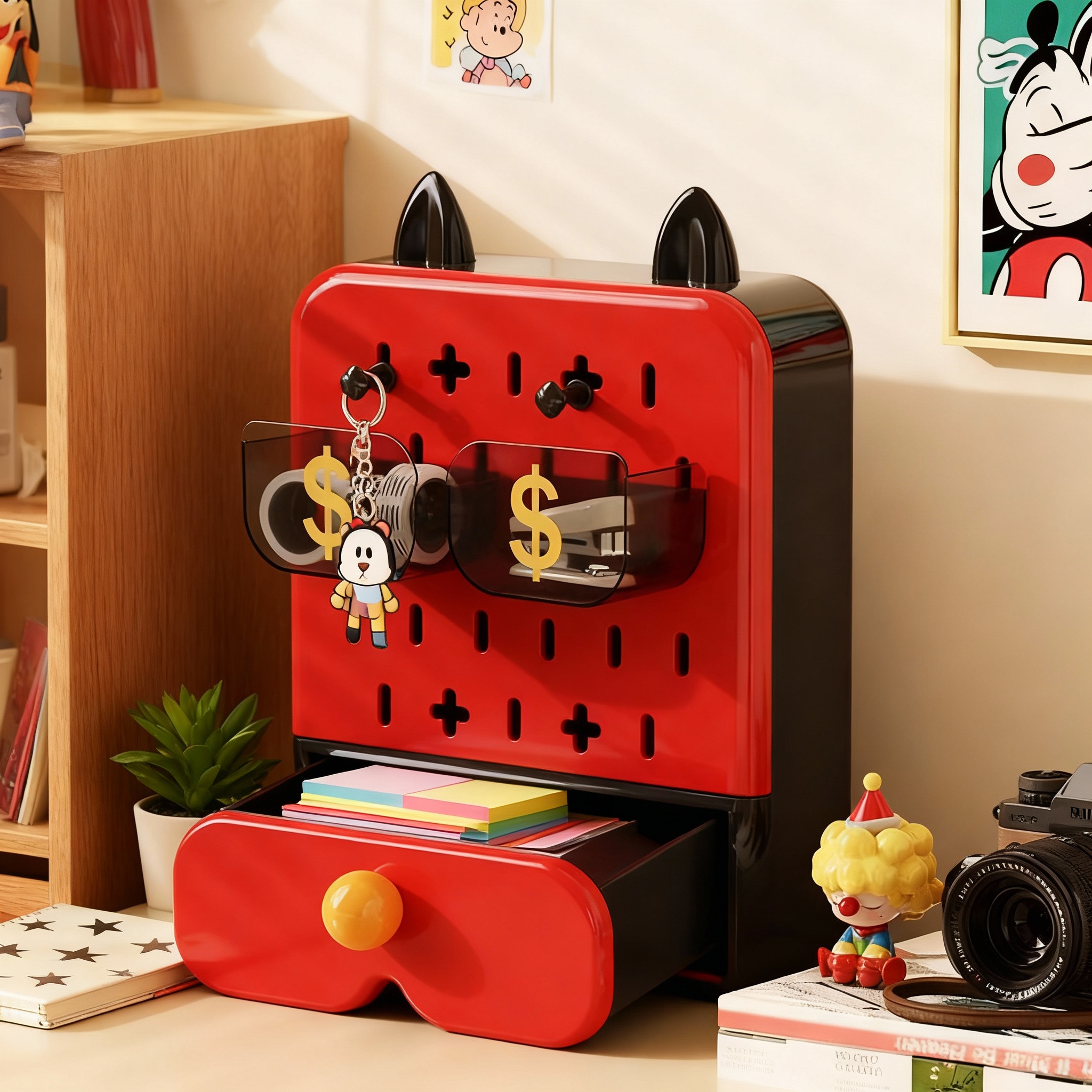 红色卡通桌面收纳盒可爱小熊造型