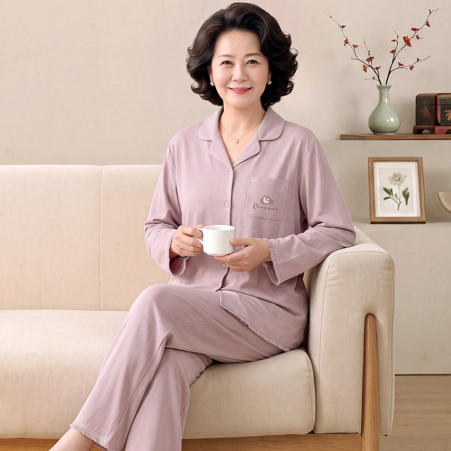 中年女妈妈春秋纯棉开衫长袖套装