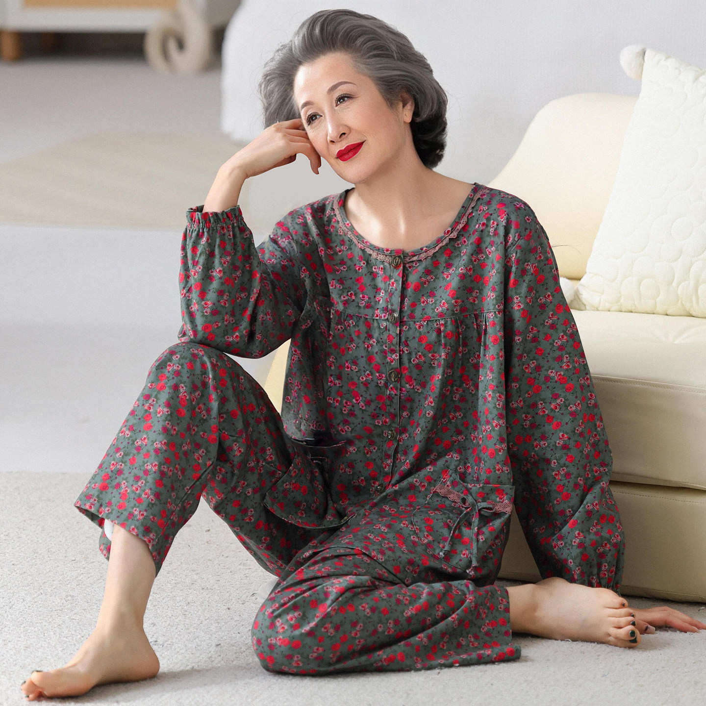 中老年人妈妈女长袖纯棉碎花睡衣