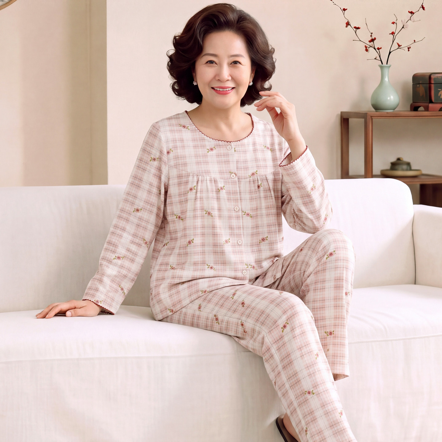 中老年妈妈睡衣长袖春秋100%纯棉