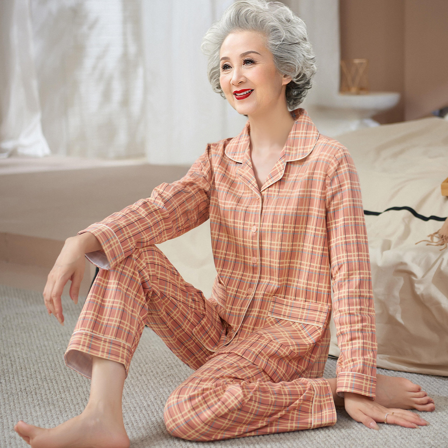 大码中年妈妈睡衣女春秋纯棉长袖506070岁老年奶奶婆婆大码家居服
