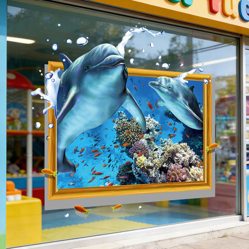 创意3D立体长颈鹿海豚UV静电贴儿童玩具母婴店面橱窗玻璃贴纸遮丑