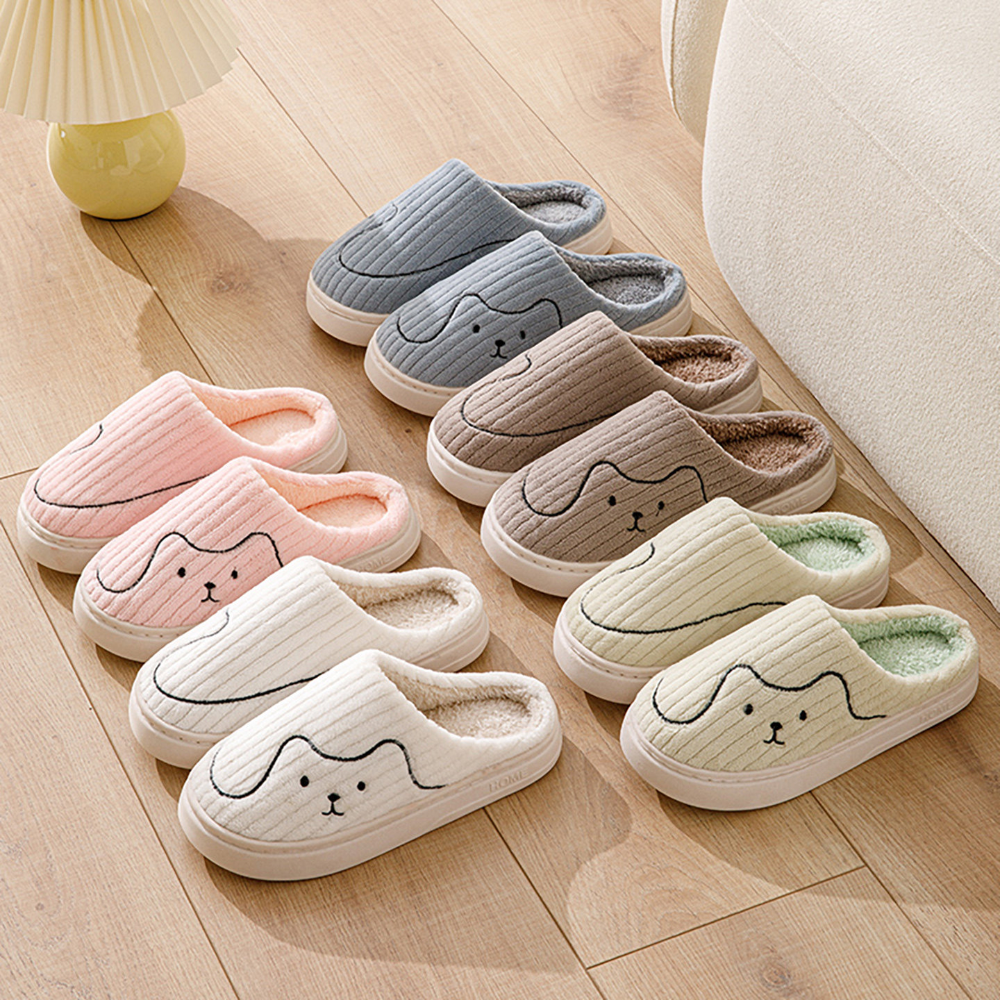 小猫条纹款棉拖鞋女2026冬季加绒居家室内家用防滑耐磨月子鞋男士