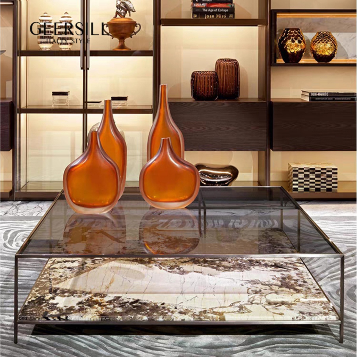 意式正方形玻璃茶几大户型高端设计感家用现代极简轻奢岩板茶几桌