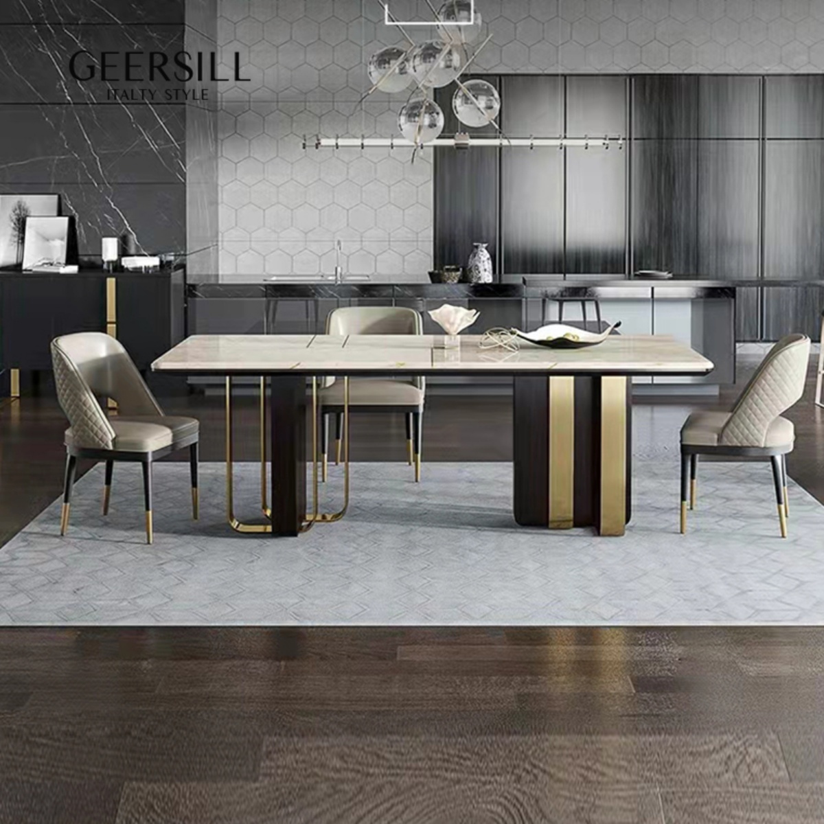 意式轻奢高级设计感长方形餐桌椅