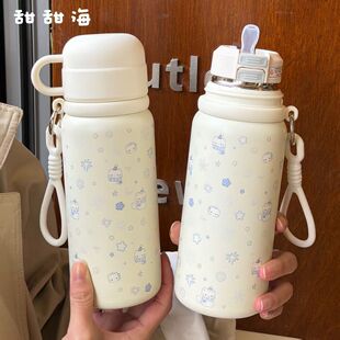女生高颜值三饮杯盖喝水不锈钢可爱保温杯学生双饮便携ins吸管杯
