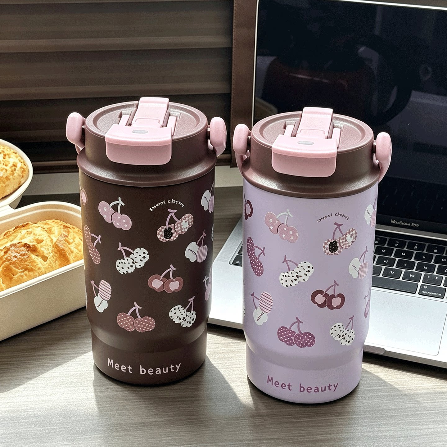可爱樱桃双饮保温杯手提便携