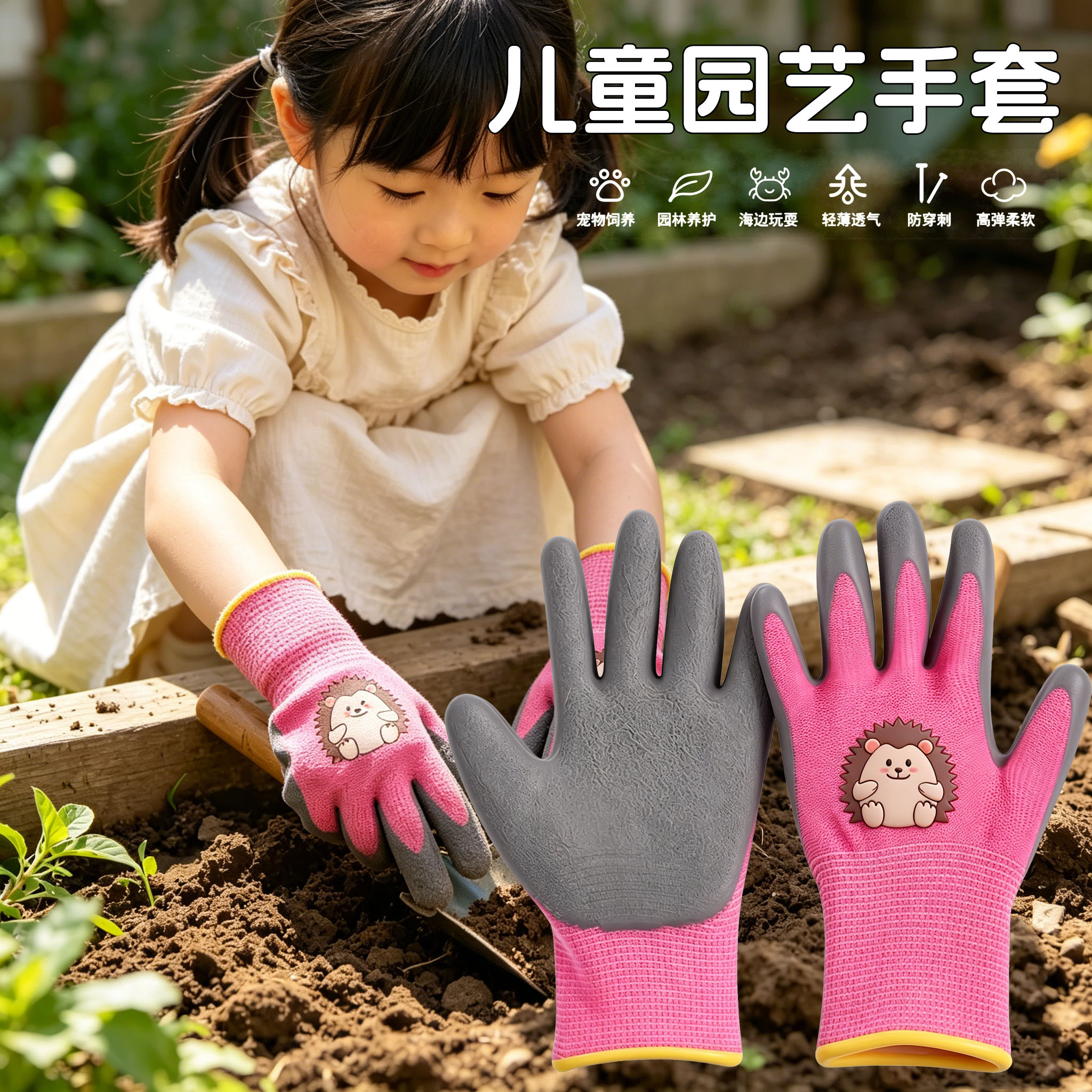 儿童园艺手套加厚分指防滑耐磨防护手套户外种植专用