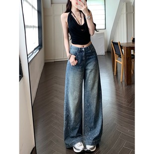 流星雨重工烫钻加绒阔腿牛仔裤女2025冬季新款高腰显瘦高级感长裤