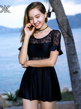 OOK裙式连体泳衣女 保守平角遮肚显瘦性感黑色女士温泉泳装游泳衣