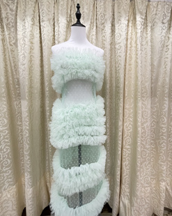 抖音鱼护裙克拉拉抹胸薄荷绿波点透视荷叶边薄纱拼接连衣裙生日裙