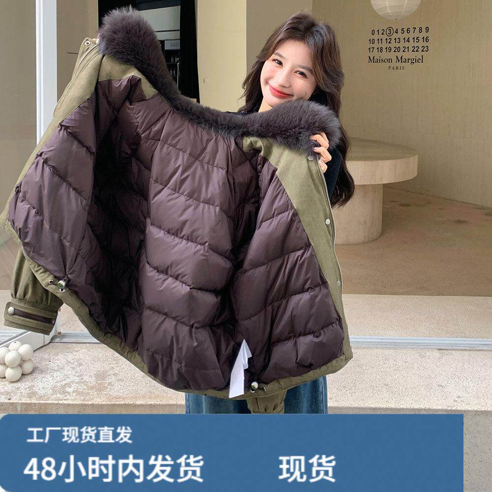 大毛领军绿色派克羽绒服女冬季超火好看高级小众加绒加厚工装外套