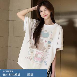 白色卡通印花圆领短袖宽松版t恤女款夏季休闲宽松慵懒风韩系上衣