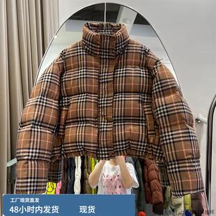 宽松韩版复古格子短款羽绒服外套女冬季新款小个子白鸭绒面包服潮