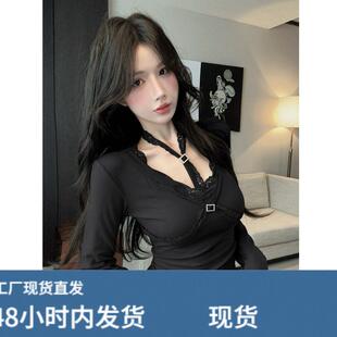 辣妹小心机挂颈钻扣蕾丝边上衣女秋冬新款温柔纯欲别致设计感T恤