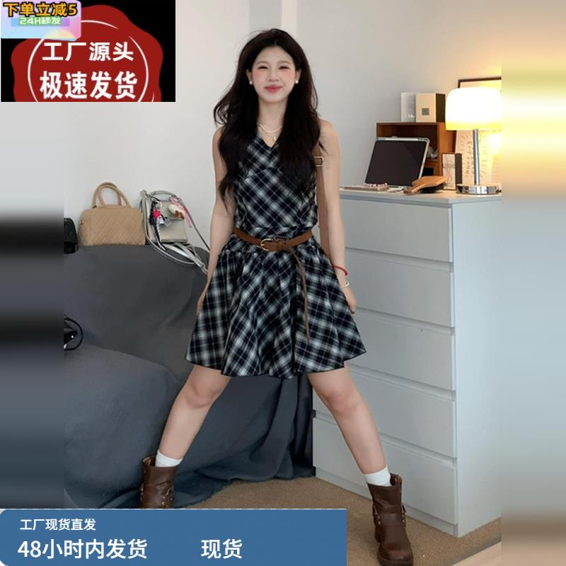 巨好看的黑色格子无袖连衣裙子女夏小个子独特漂亮掐腰高级感短裙