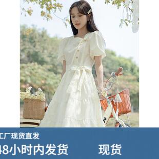 文艺方领蝴蝶结连衣裙少女夏装2025新款初高中学生学院风白色长裙