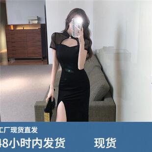 赫本风女人味性感收腰裙气质名媛修身显瘦中长款网纱拼接连衣裙夏