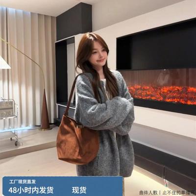 高级感灰色毛衣女宽松慵懒风中长款上衣加厚保暖重工秋冬季针织衫