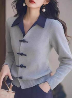 春季高级感穿搭灰色polo领针织开衫女秋冬爆款新中式毛衣韩系上衣