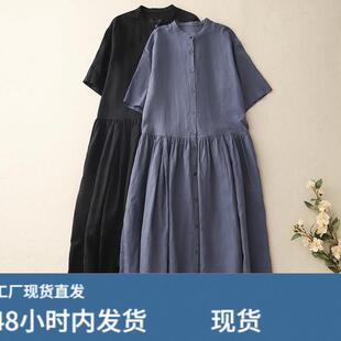 文艺复古棉麻短袖连衣裙女2026夏季新款宽松遮肚子休闲亚麻大摆裙