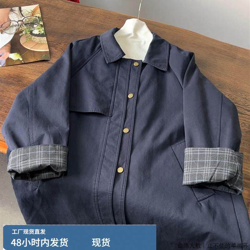 CHAO级推荐韩版藏青色翻领排扣中长款风衣女秋季高级感百搭外套