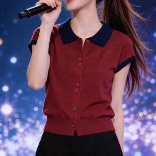 设计感撞色polo领短袖针织开衫女夏季显白红色大码高级感显瘦上衣