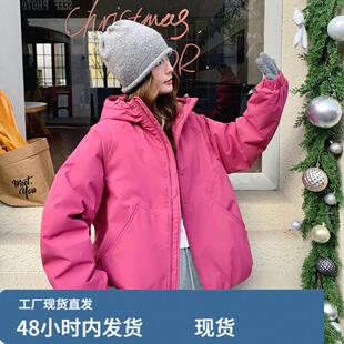 玫红色连帽短款派克羽绒服女冬季超火好看加绒加厚工装冲锋衣外套