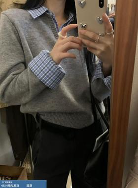 miu系高级感假两件毛衣女秋冬季韩系穿搭宽松拼接针织衫灰色上衣