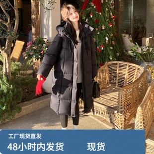 黑色连帽中长款泡芙羽绒服女冬季超火好看高级小众白鸭绒加厚外套