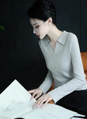 极简风灰色翻领长袖针织衫女秋冬2025新款韩系高级感休闲打底上衣
