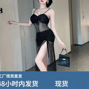 黑色吊带网纱洋装女夏季2026新款时尚修身性感气质凸显身材长裙子