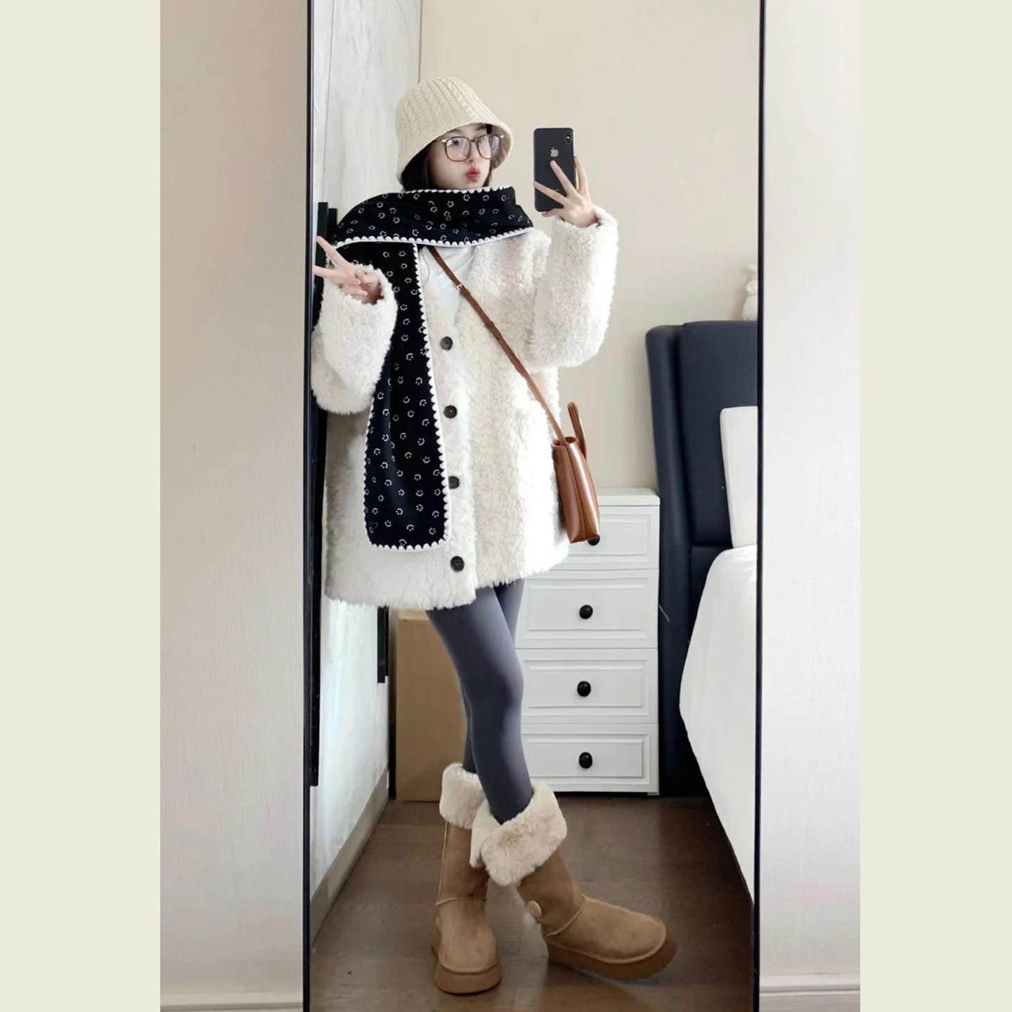 米白色V领圈圈毛呢子大衣女秋冬韩系高级感小个子中长款毛呢外套,运动/瑜伽/健身/球迷用品,广场舞套装,淘宝优惠券,粉丝福利购,淘宝优惠卷