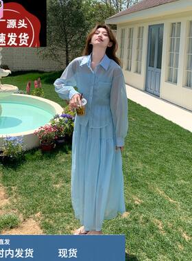 法式复古蓝色衬衫连衣裙女2025夏季新款设计感小众收腰显瘦长裙