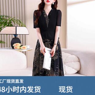 雪纺连衣裙子女士装2026年夏季新款假两件妈妈收腰短袖气质中长裙