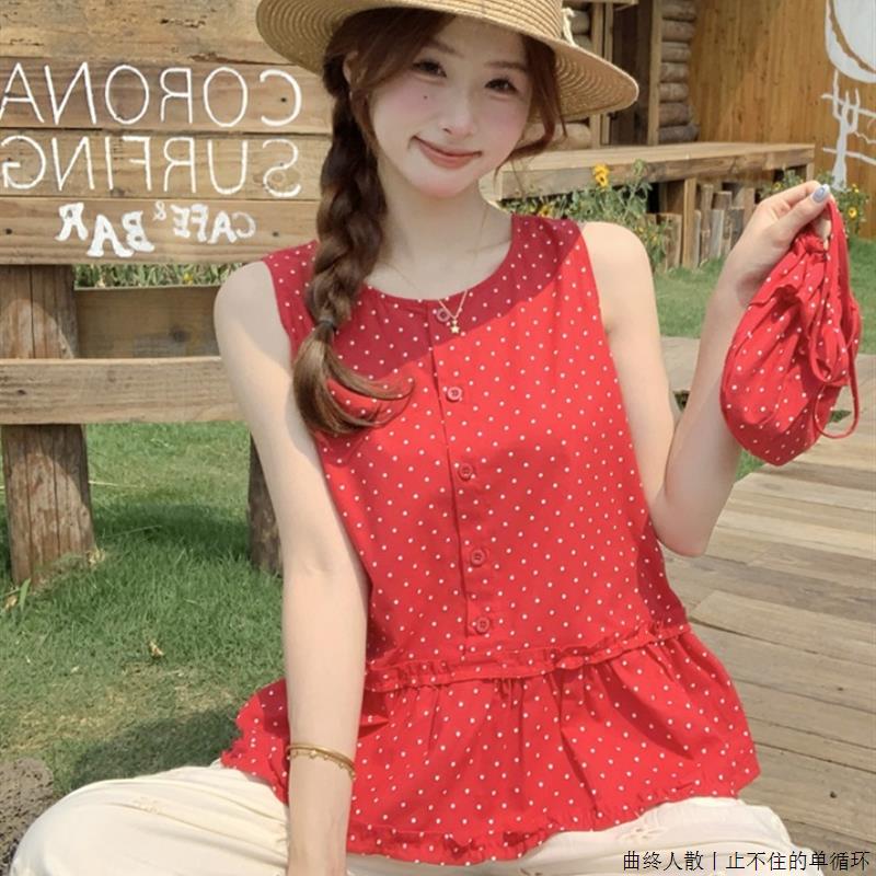 法式波点红色无袖娃娃衫泰式多巴胺穿搭背心女2025新款夏度假上衣