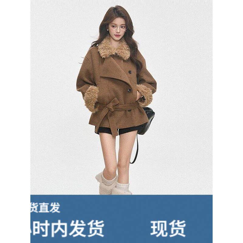 覆古毛领加厚毛呢大衣女秋冬高级感系带短款外套,运动/瑜伽/健身/球迷用品,广场舞套装,淘宝优惠券,粉丝福利购,淘宝优惠卷